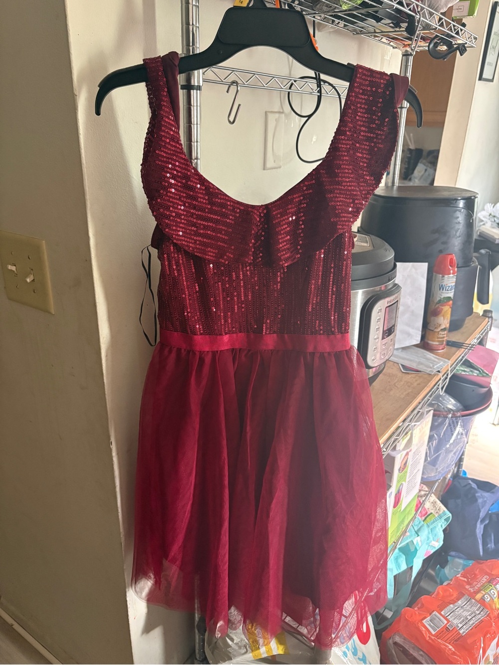 Girls Burgundy Sequin & Tulle Party Dress